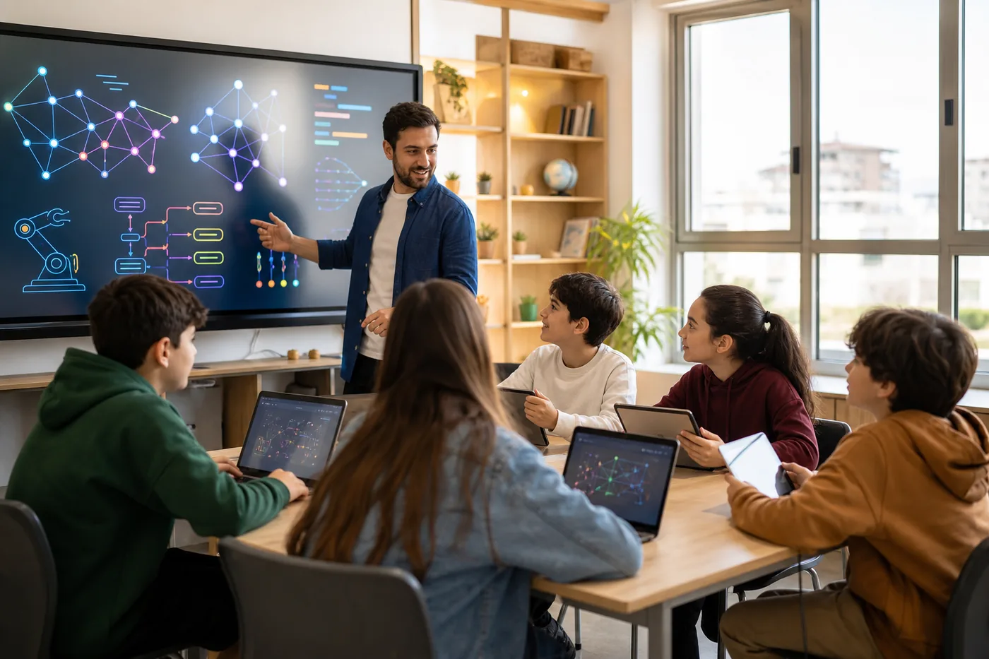 Voda Academy eğitmeni eşliğinde sınıfta yapay zeka dersi işleyen öğrenciler